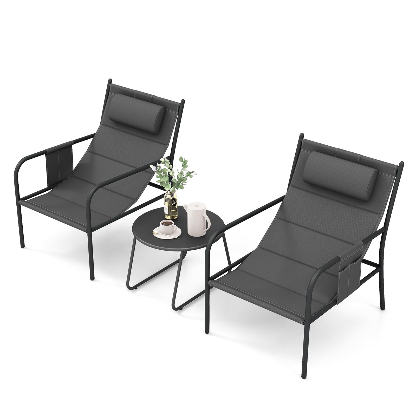 Tangkukla Salon de Bistro Extérieur 3 Pièces, Ensemble Chaise et Table Basse de Jardin en Métal